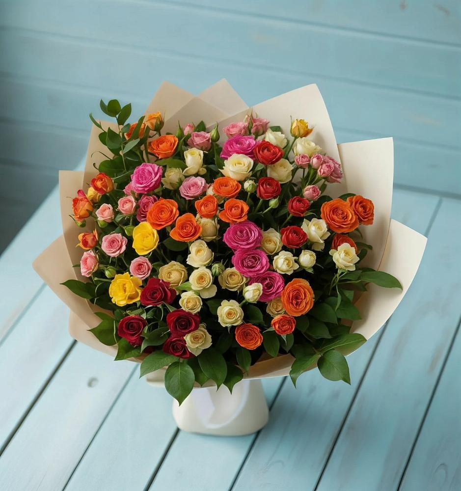 Букет Микс из разноцветных кустовых роз в Малошуйке