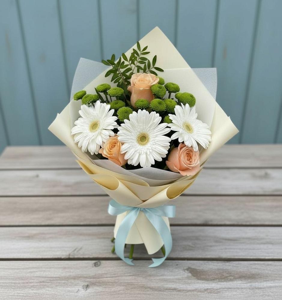 Букет цветов из: Герберы, Розы и Хризантемы в Малошуйке
